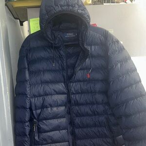 Ralph Lauren Blue Hooded Puffer Jacket with Red Logos